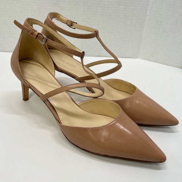 Nine West Shoes - Nude Kitten Heels Pointed Toe T Strap Pumps Low Heel Work Shoes Mary Jane Heeled